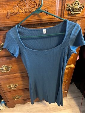 Women's Short Sleeve Ribbed Scoop Neck Dress - Teal Blue